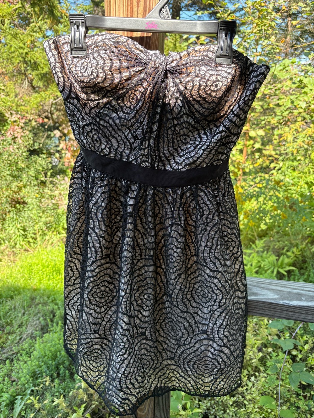 Aqua Black Lace Strapless Cocktail Dress with Nude Lining